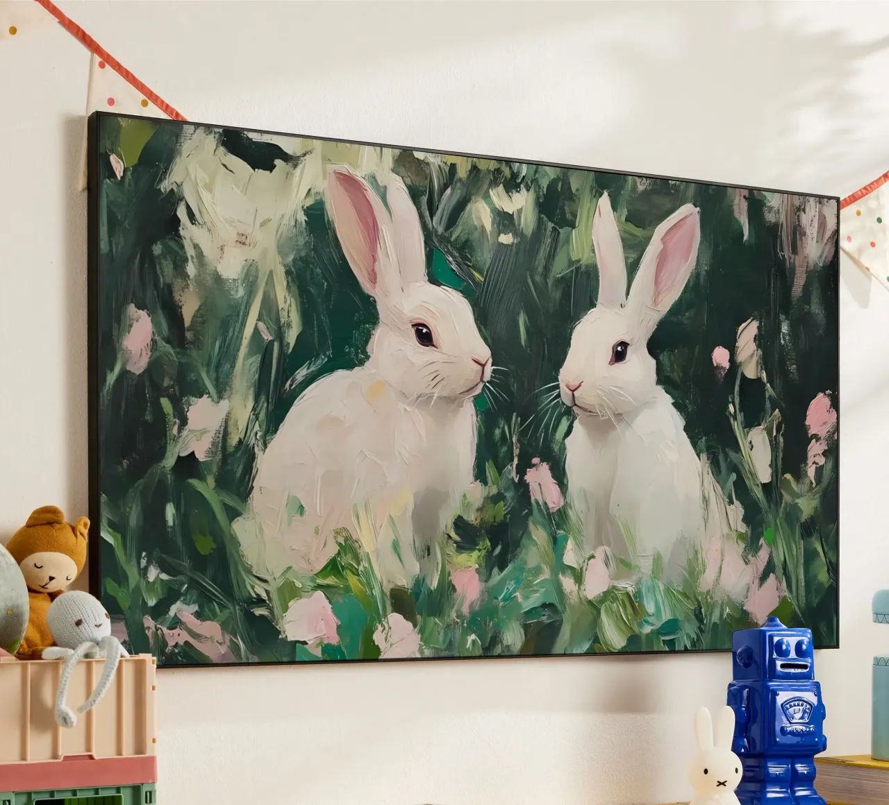 Coniglietti bianchi stravaganti - Foresta floreale impressionista alluminio dibond da ClubArt