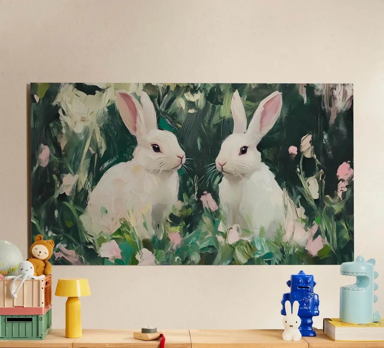 Coniglietti bianchi stravaganti - Foresta floreale impressionista alluminio dibond da ClubArt