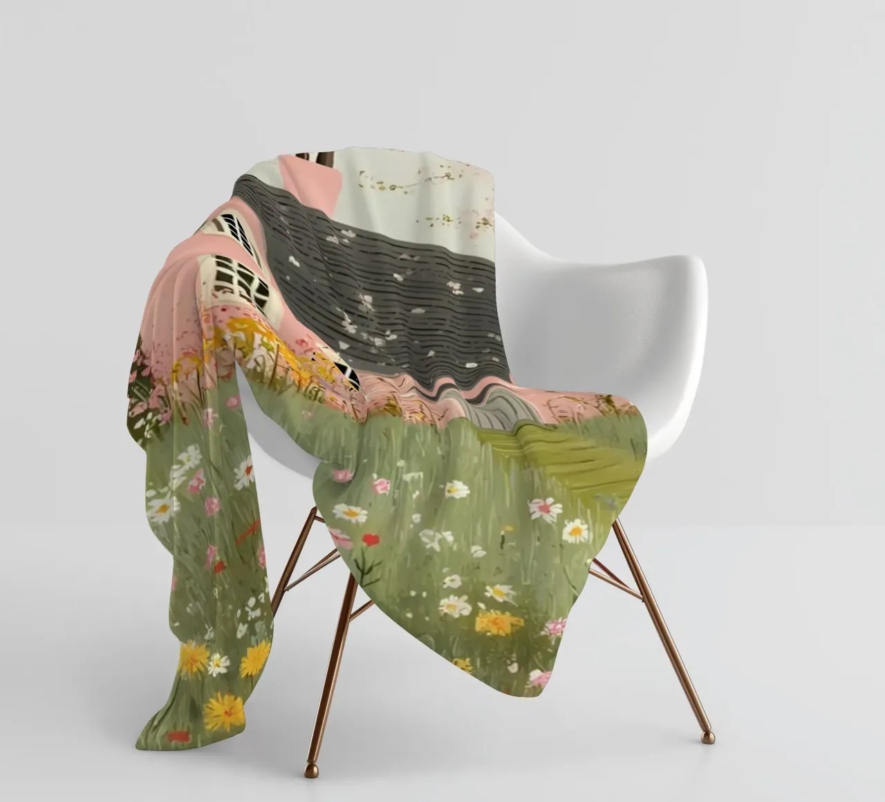 Enchanted Pink Cottage - Whimsical Spring Meadow Art fleece blanket by ClubArt