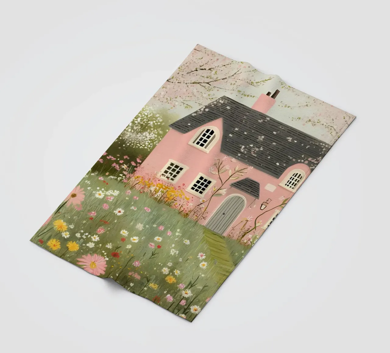 Enchanted Pink Cottage - Whimsical Spring Meadow Art fleece blanket by ClubArt