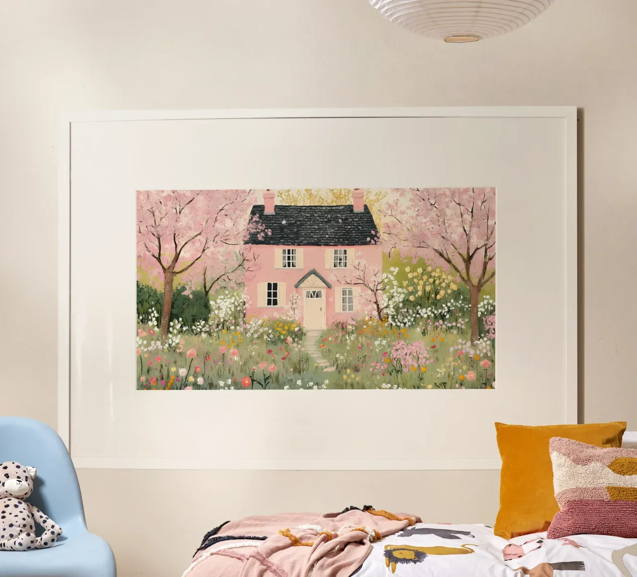 Blossom Pink Cottage - Una casa stravagante in un prato di primavera poster con telaio in legno da ClubArt