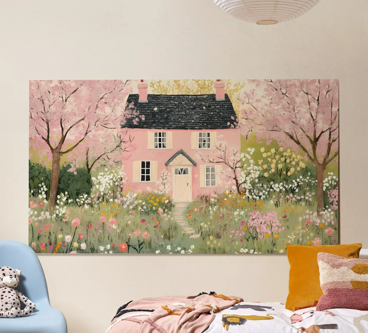Blossom Pink Cottage - Una casa stravagante in un prato di primavera poster con telaio in legno da ClubArt