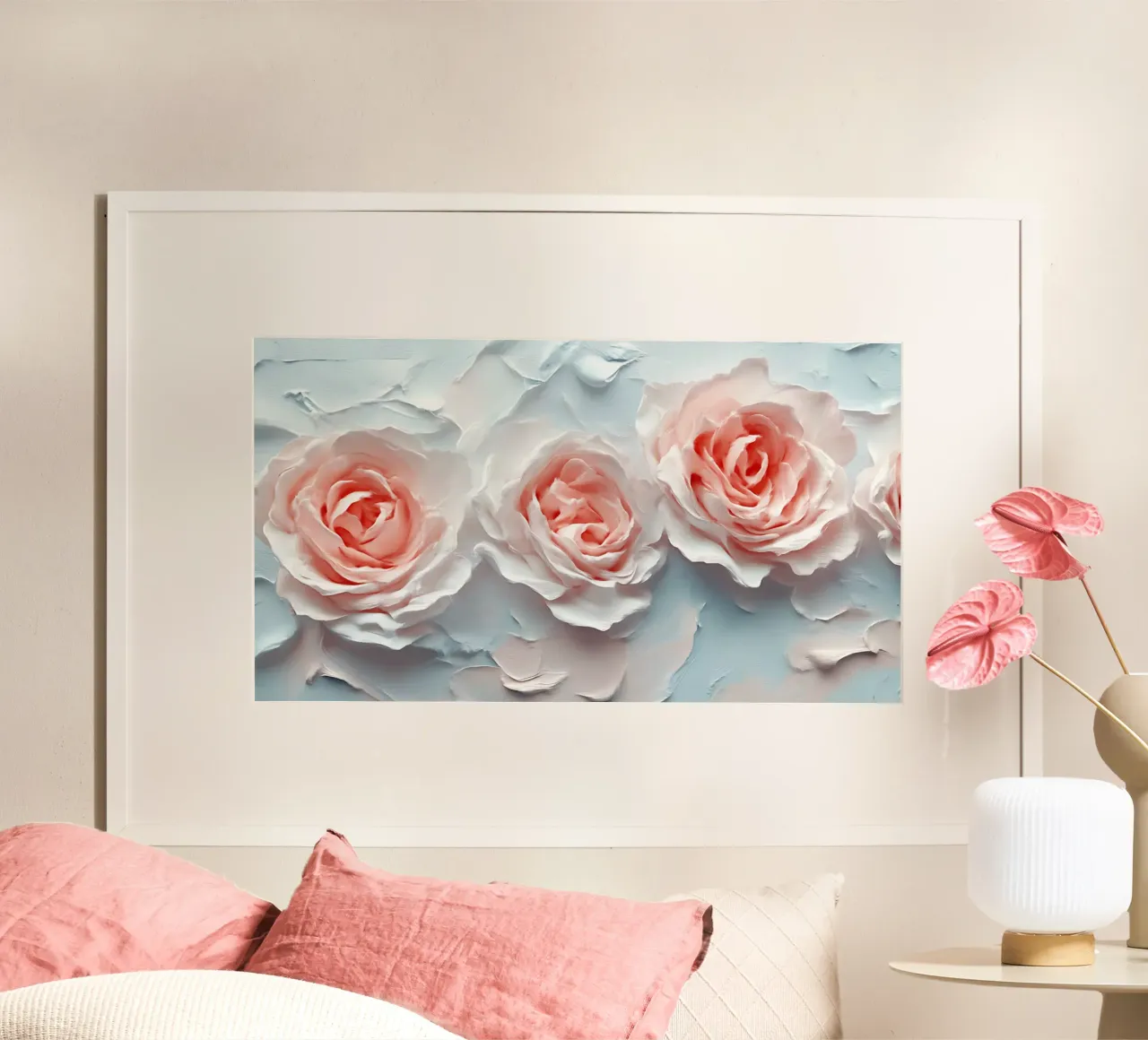 Zartrosa Rosen-Impasto - Texturierte Blumenblütenkunst Poster mit Kunststoffrahmen von ClubArt