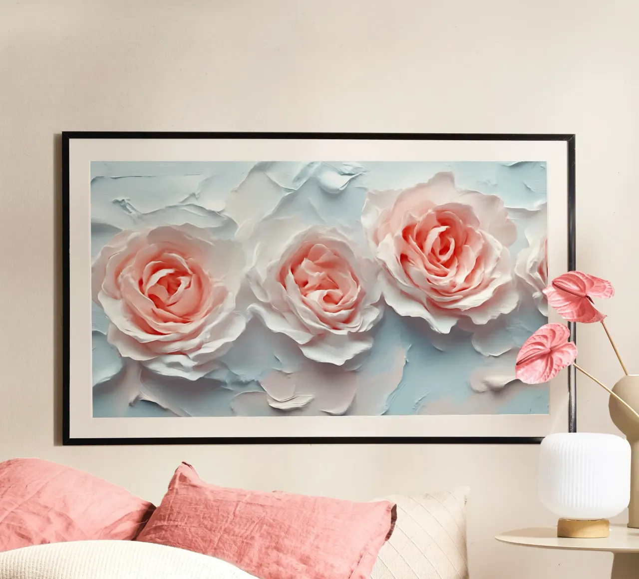 Zartrosa Rosen-Impasto - Texturierte Blumenblütenkunst Poster mit Kunststoffrahmen von ClubArt