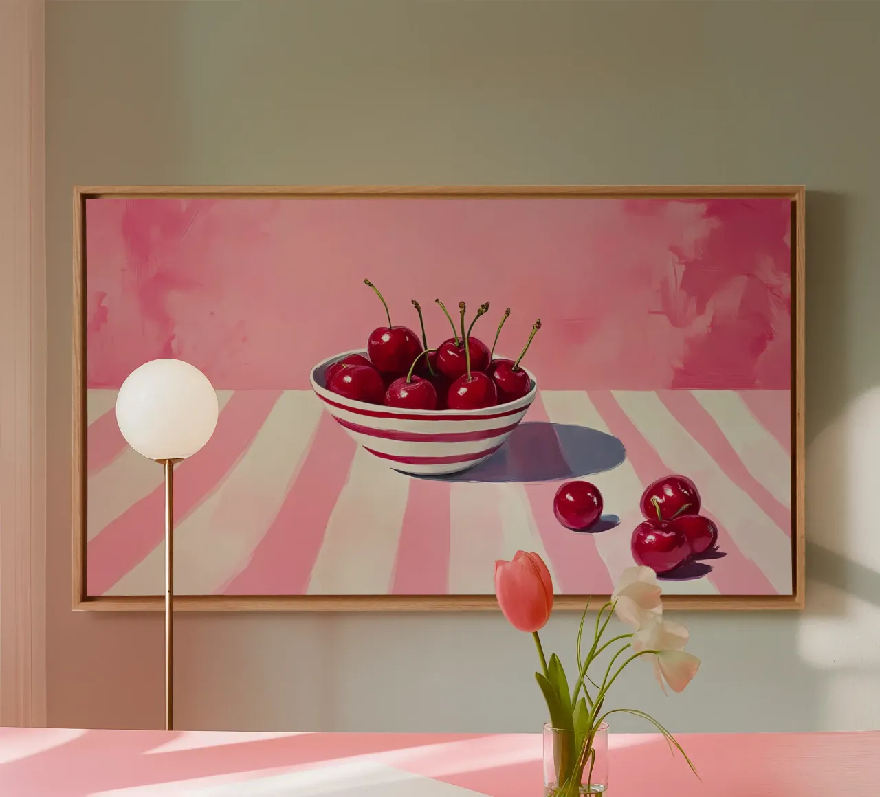 Kom met kersen Pop Art - Retro Roze Keukendecoratie canvas met Baklijst van ClubArt