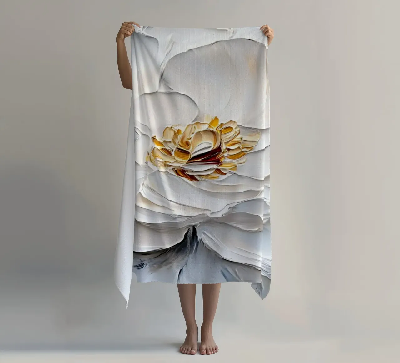 Impasto di peonie bianche strutturate - Arte floreale scultorea telo mare da ClubArt