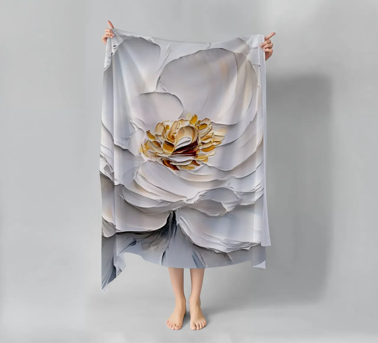 Impasto di peonie bianche strutturate - Arte floreale scultorea telo mare da ClubArt