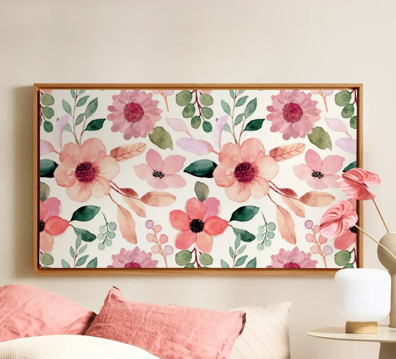 Pink Peach Floral Pattern - Watercolor Botanical Print canvas with Floater frame by ClubArt