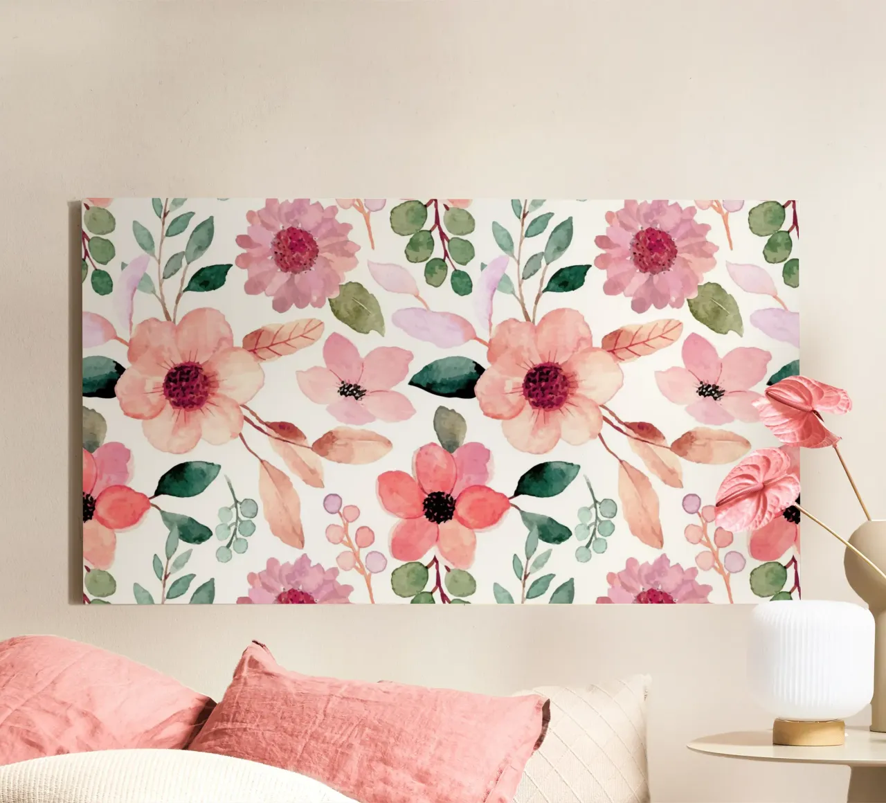Pink Peach Floral Pattern - Watercolor Botanical Print canvas with Floater frame by ClubArt
