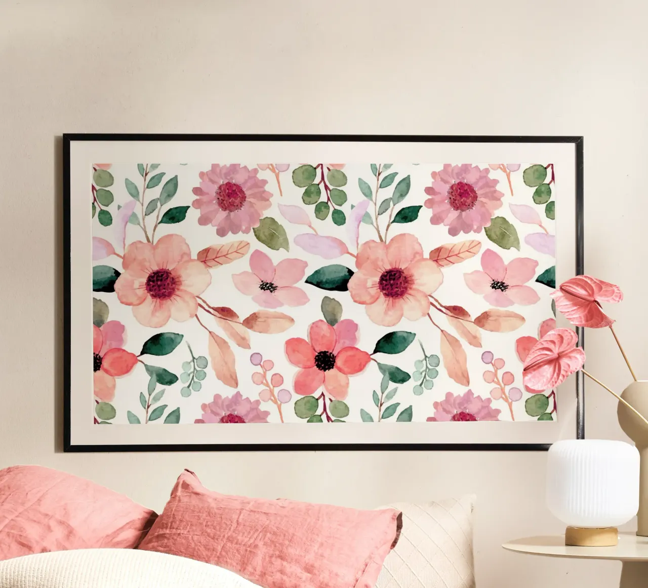 Pink Peach Floral Pattern - Watercolor Botanical Print poster by ClubArt