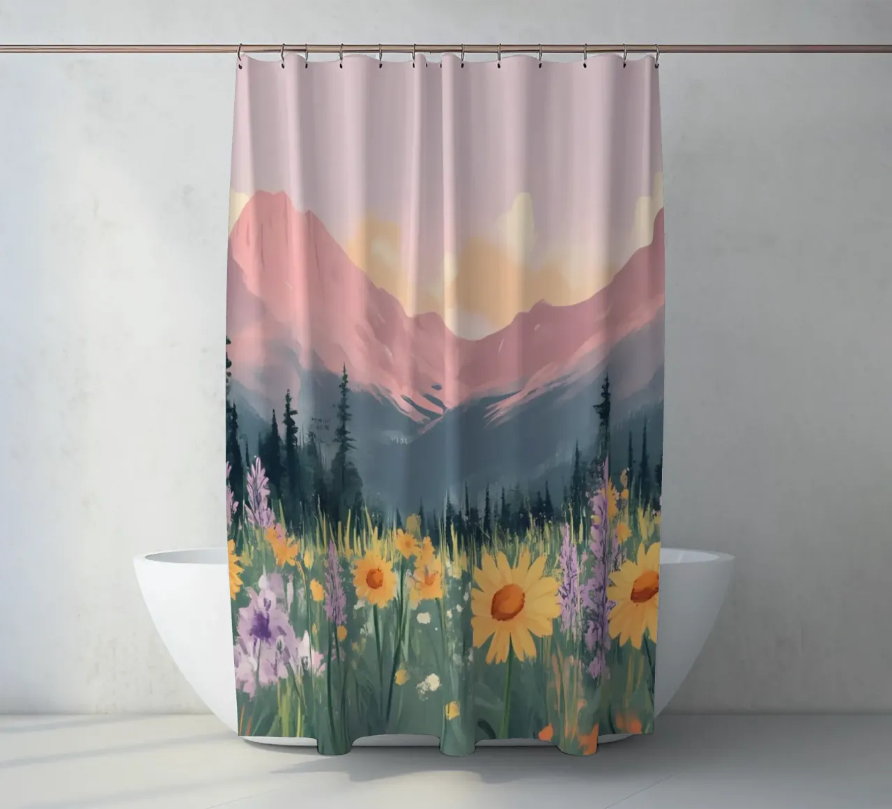 Sunset Mountain Meadow - Pastel Landscape Aesthetic Print shower curtain by ClubArt