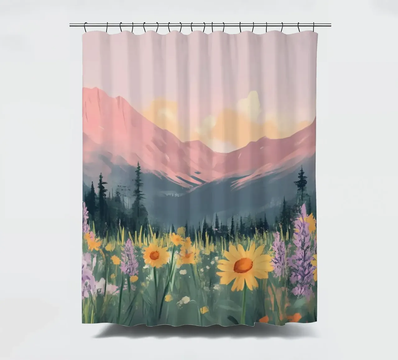 Sunset Mountain Meadow - Pastel Landscape Aesthetic Print shower curtain by ClubArt
