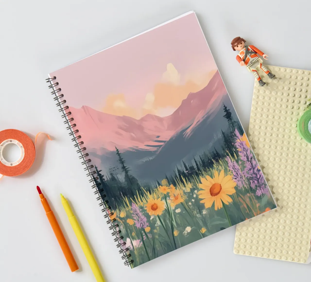Sunset Mountain Meadow - Pastel Landscape Aesthetic Print spiral notebook by ClubArt