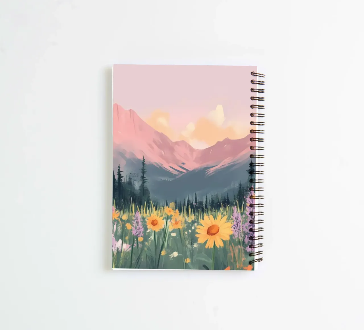 Sunset Mountain Meadow - Pastel Landscape Aesthetic Print spiral notebook by ClubArt