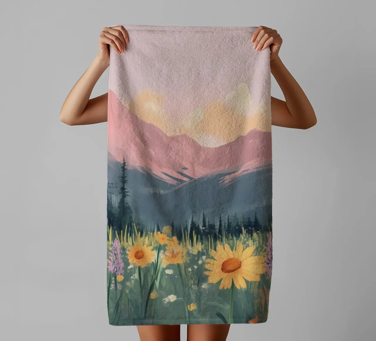 Sunset Mountain Weide - Pastel Landschap Esthetische Print badhanddoek van ClubArt