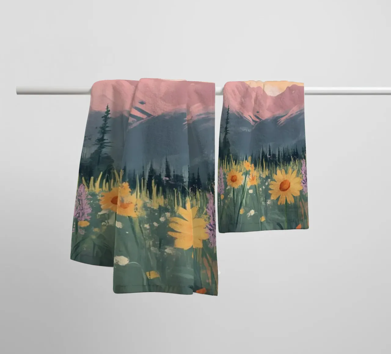 Sunset Mountain Weide - Pastel Landschap Esthetische Print badhanddoek van ClubArt