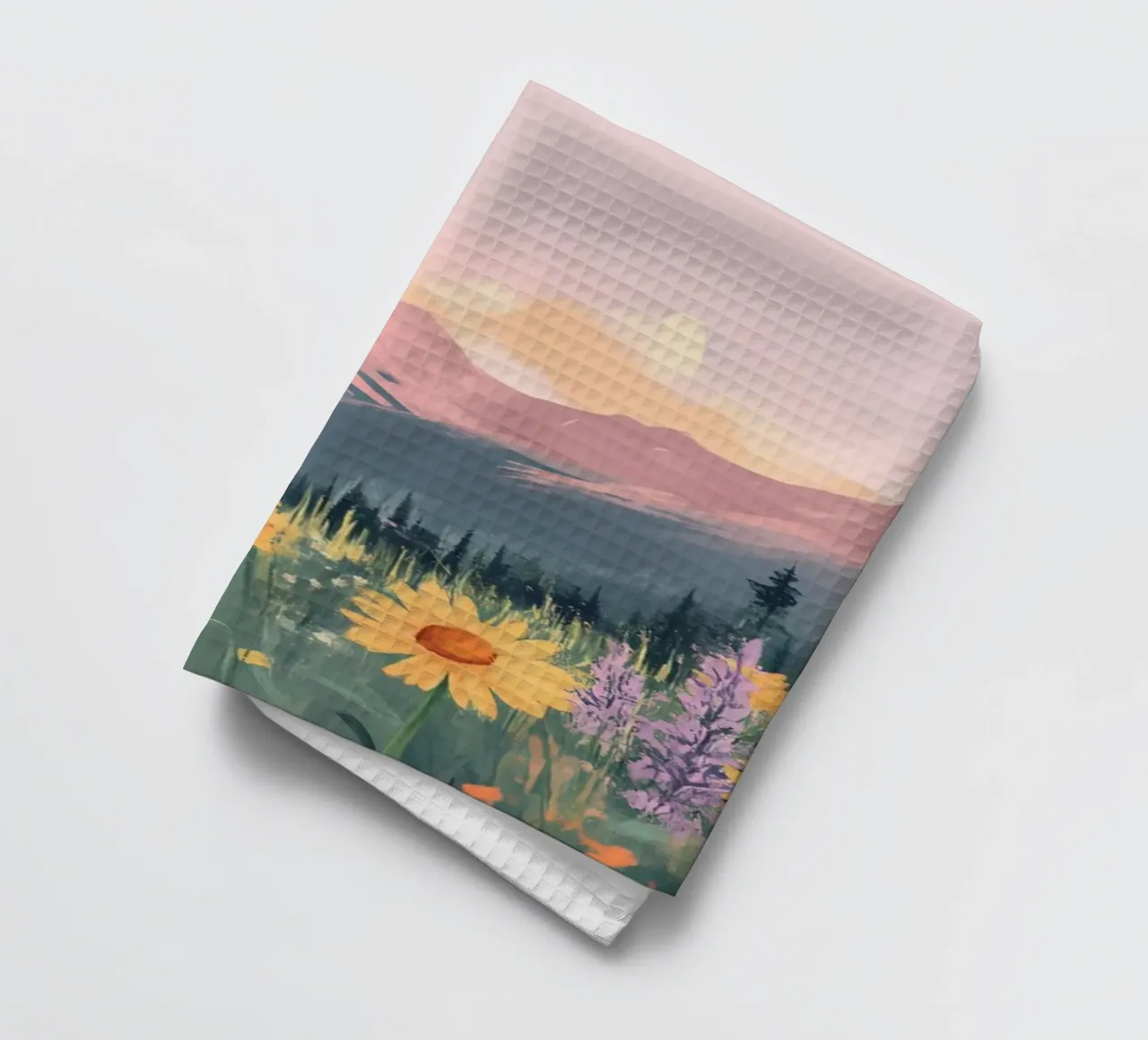 Sonnenuntergang Bergwiese - Pastell Landschaft Ästhetische Druck Geschirrtuch von ClubArt