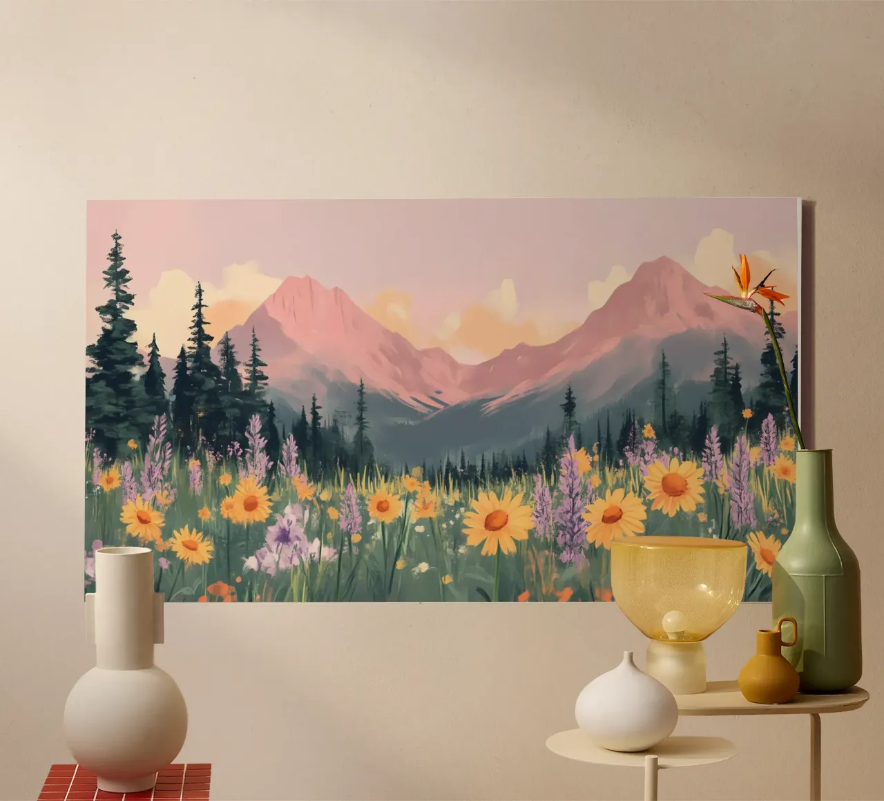 Sunset Mountain Weide - Pastel Landschap Esthetische Print canvas van ClubArt