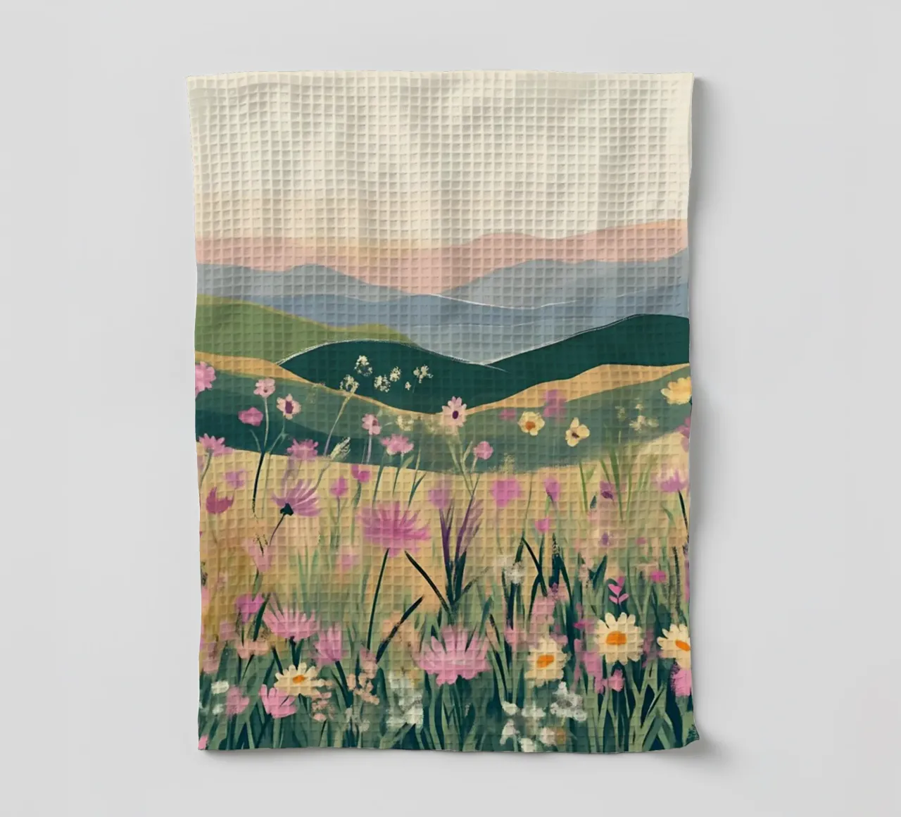 Rolling Hills Wildflower Valley - Abstract Landscape Art tea towel by ClubArt