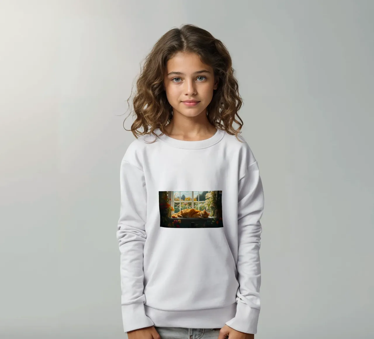 Gemütliches Katzennickerchen am Fenster - Impressionistisches Sonnenlicht & Blumen Kinder Sweatshirt von ClubArt