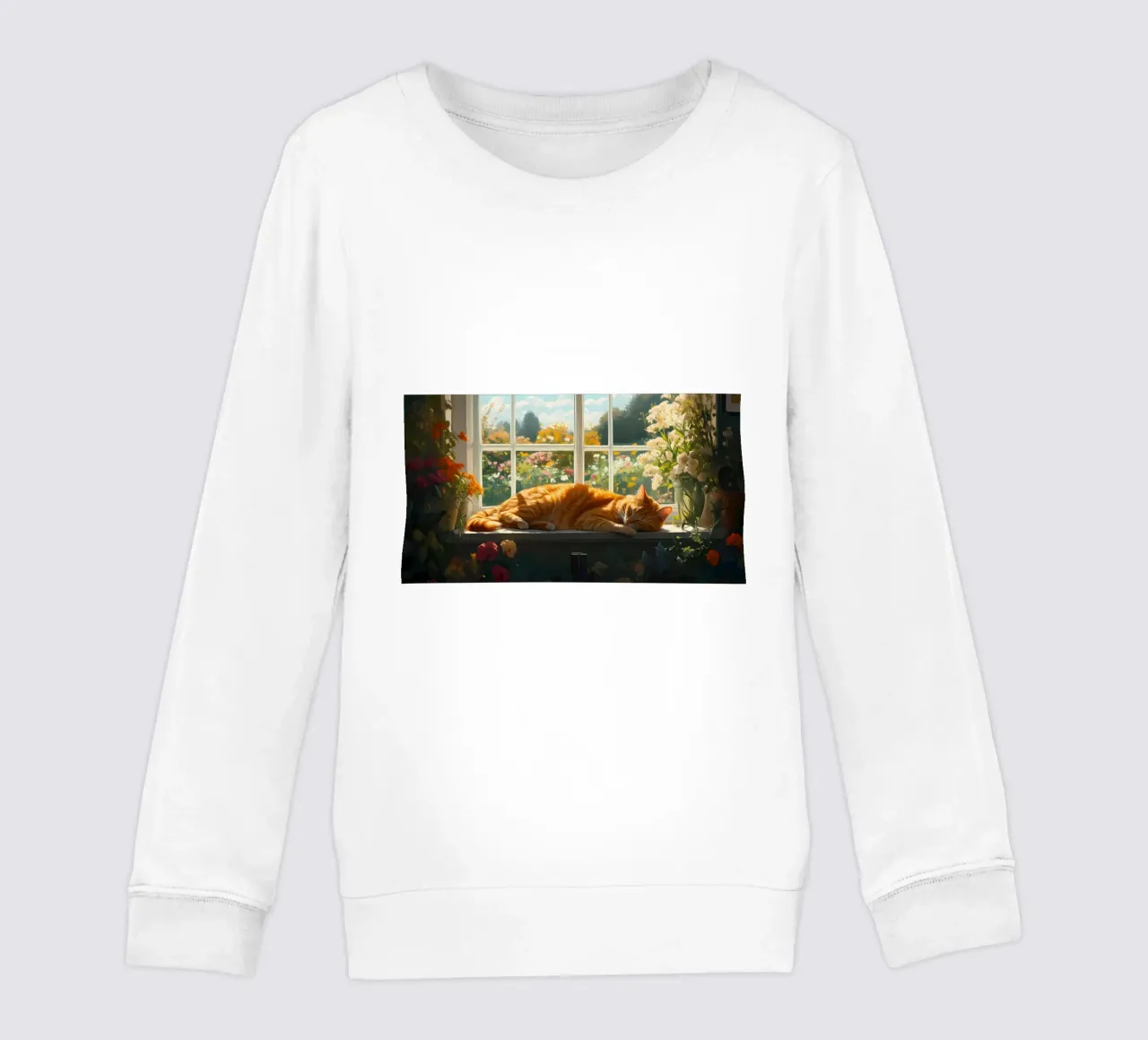 Gemütliches Katzennickerchen am Fenster - Impressionistisches Sonnenlicht & Blumen Kinder Sweatshirt von ClubArt