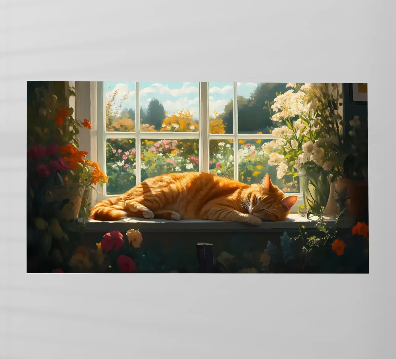 Cozy Window Cat Nap - Impressionistic Sunlight & Flowers backlit film by ClubArt