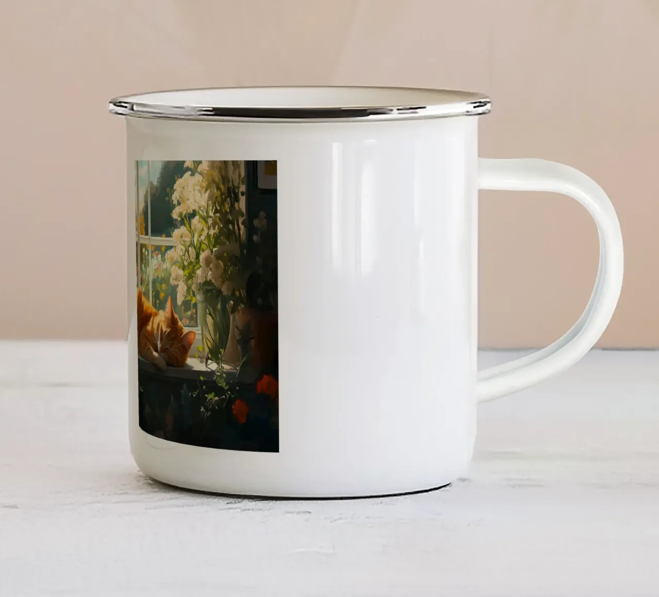 Knus Raam Kattendutje - Impressionistisch Zonlicht & Bloemen emaille mok van ClubArt