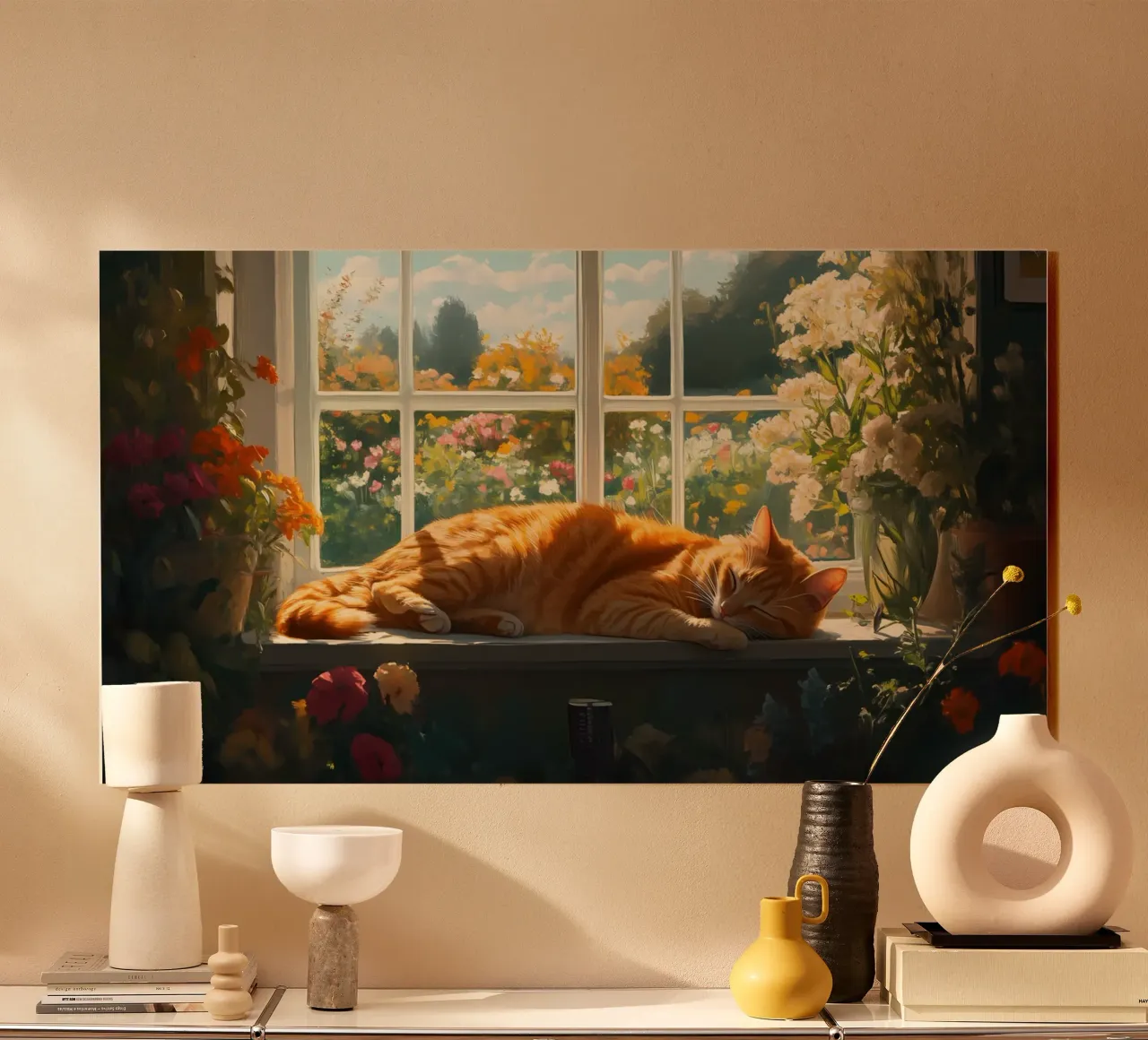 Gemütliches Katzennickerchen am Fenster - Impressionistisches Sonnenlicht & Blumen Acryl-Glas von ClubArt