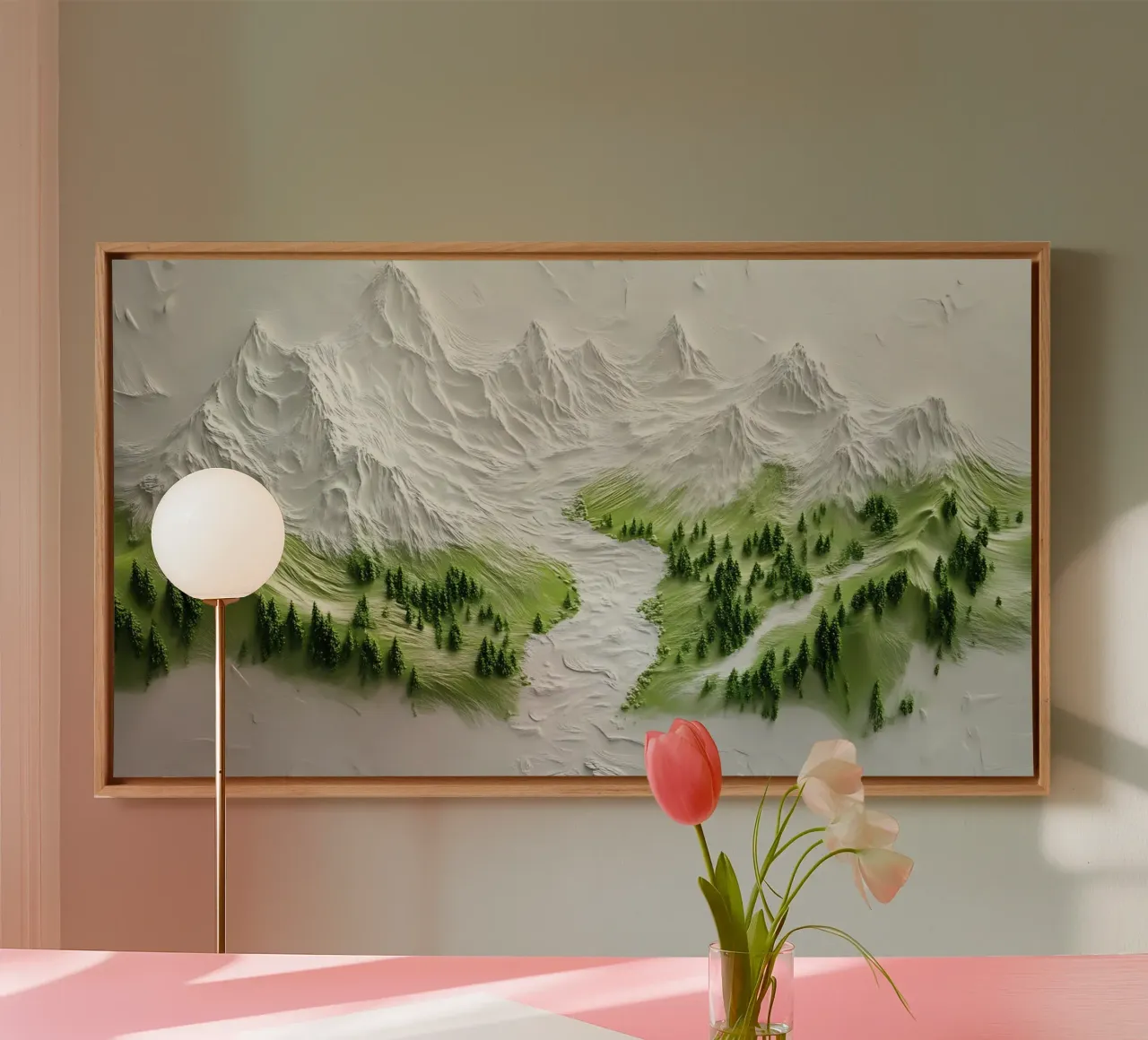 Texturierte Berglandschaft - Minimalistische 3D Wald & Fluss Kunst Leinwand mit Schattenfugenrahmen von ClubArt