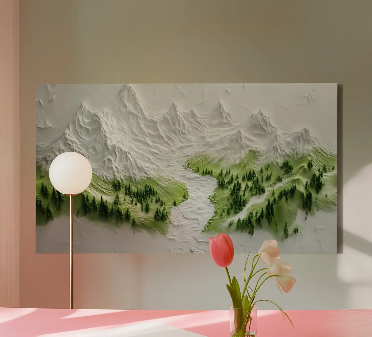Texturierte Berglandschaft - Minimalistische 3D Wald & Fluss Kunst Leinwand mit Schattenfugenrahmen von ClubArt