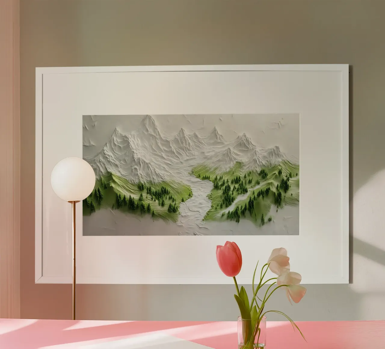 Paesaggio montano strutturato - Arte minimalista 3D della foresta e del fiume poster con telaio in plastica da ClubArt