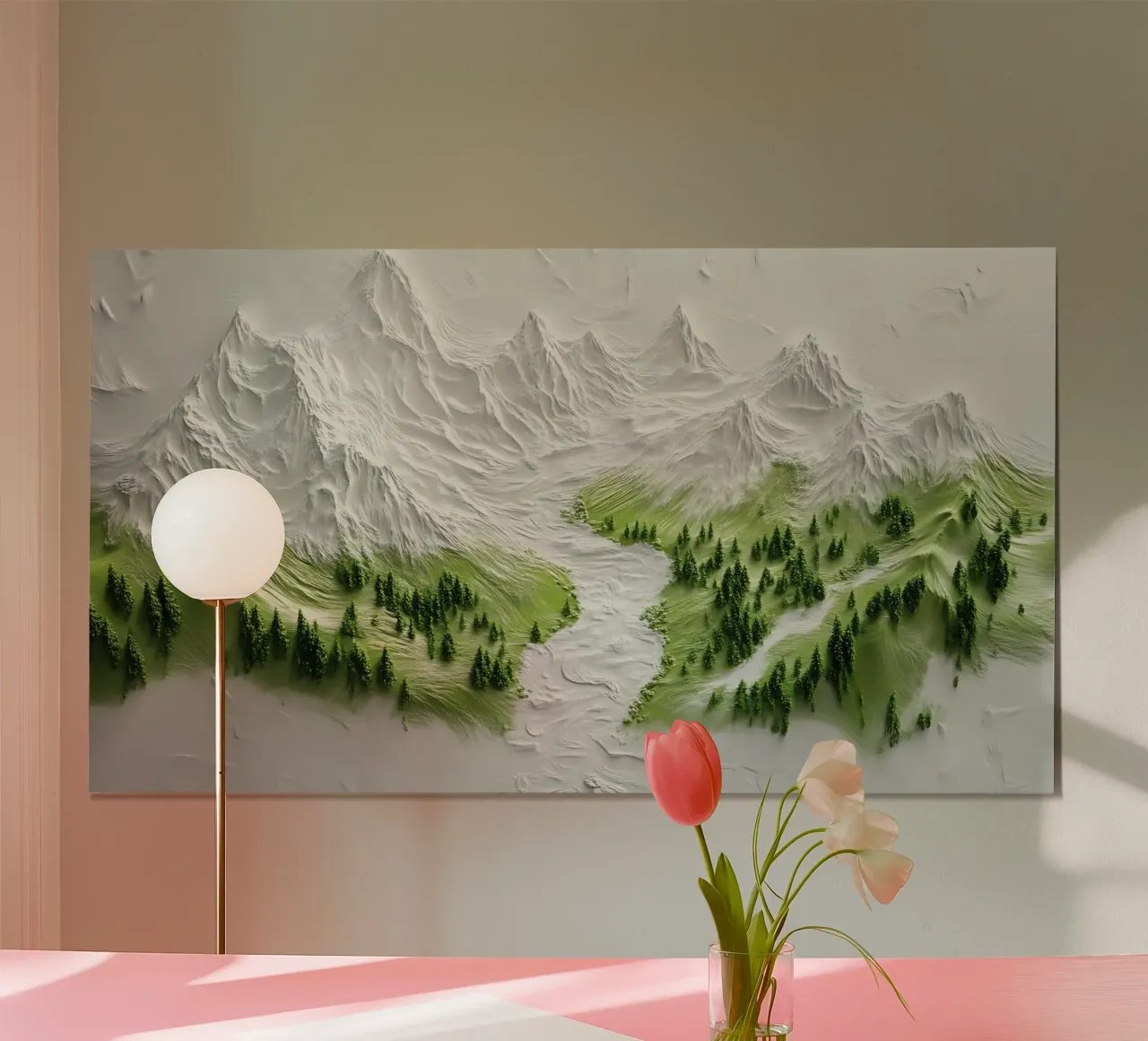 Paesaggio montano strutturato - Arte minimalista 3D della foresta e del fiume poster con telaio in plastica da ClubArt