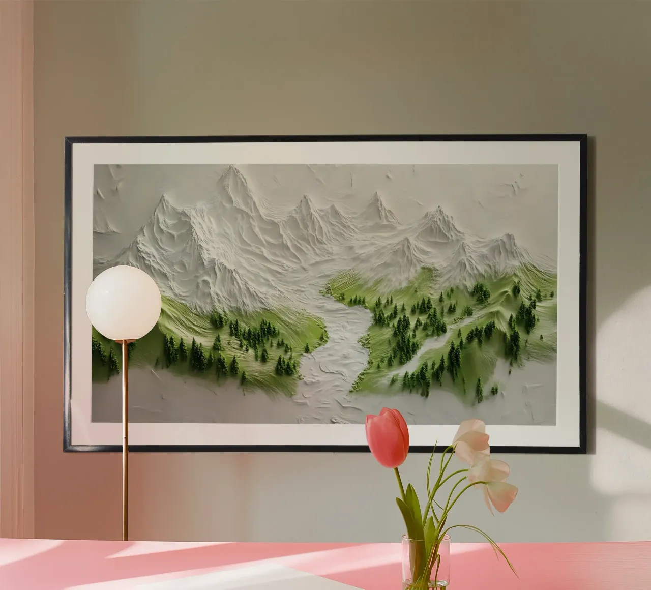 Paesaggio montano strutturato - Arte minimalista 3D della foresta e del fiume poster con telaio in plastica da ClubArt