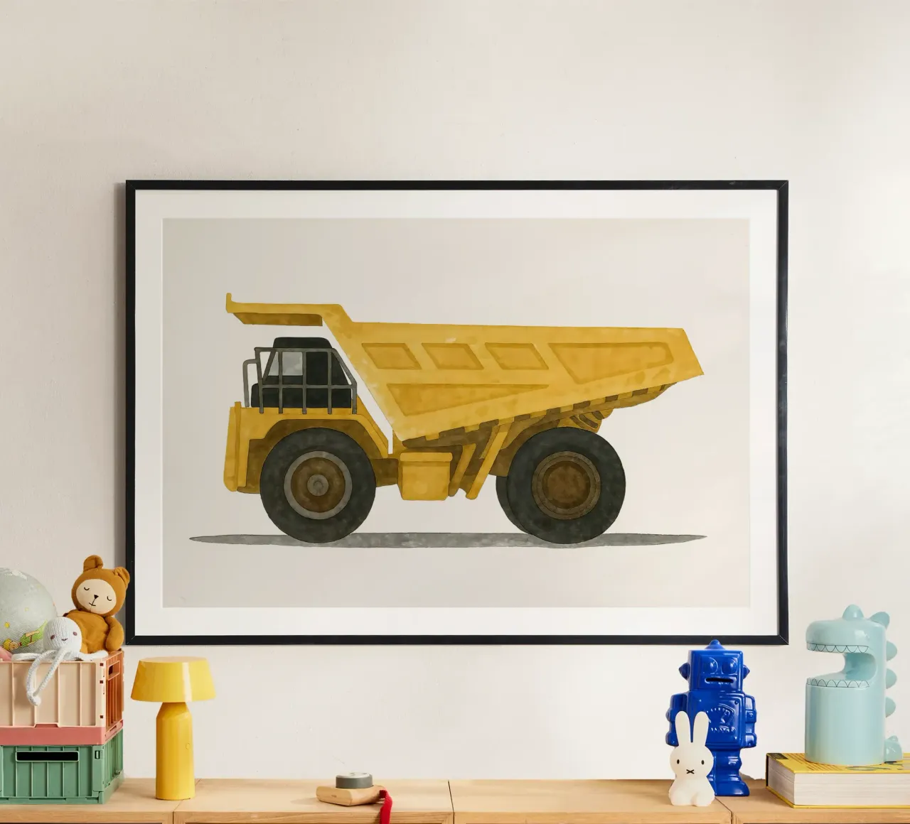 Big Yellow Dumper: il sogno di un bambino su ruote poster con telaio in alluminio da KidzStudio