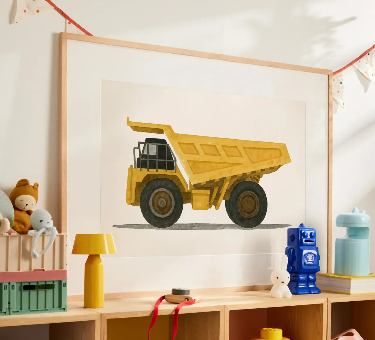 Big Yellow Dumper: il sogno di un bambino su ruote poster con telaio in alluminio da KidzStudio