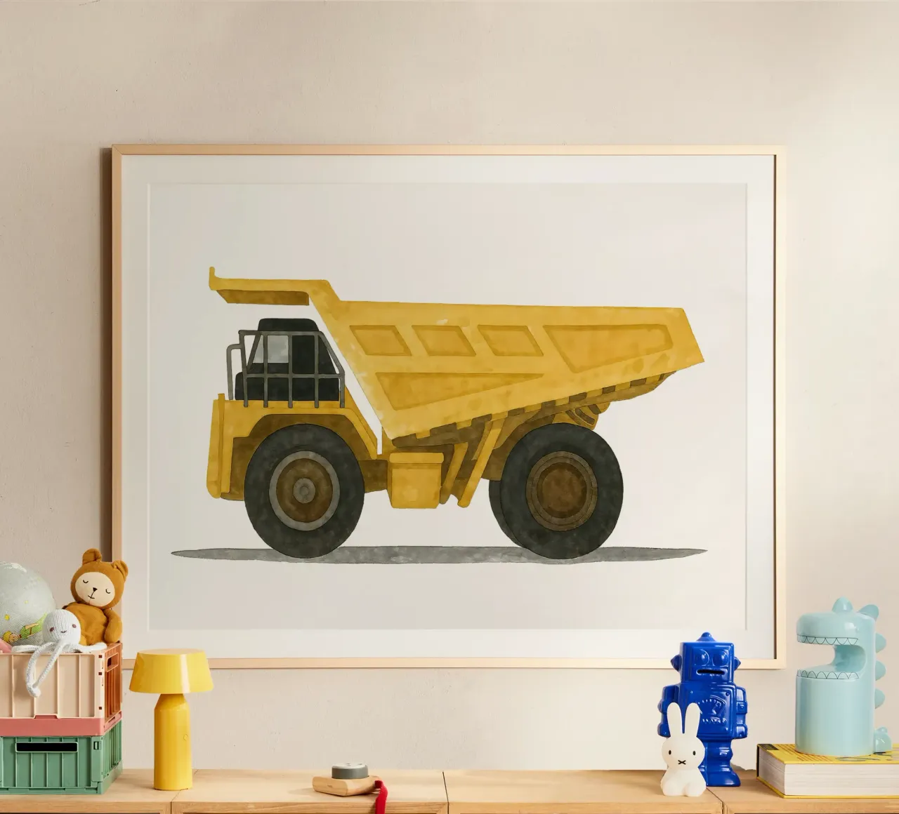 Big Yellow Dumper: il sogno di un bambino su ruote poster con telaio in alluminio da KidzStudio