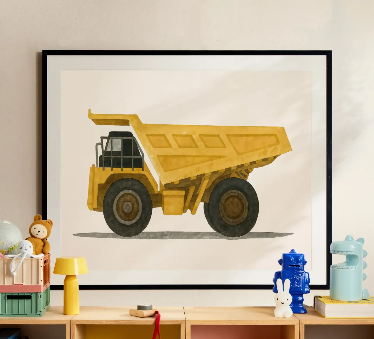 Big Yellow Dumper: il sogno di un bambino su ruote poster con telaio in alluminio da KidzStudio