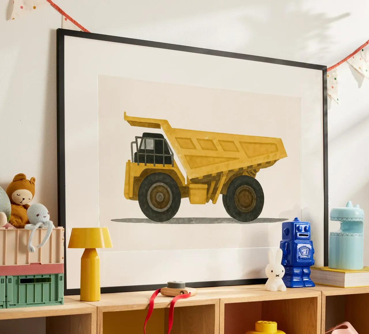 Big Yellow Dumper: il sogno di un bambino su ruote poster con telaio in alluminio da KidzStudio