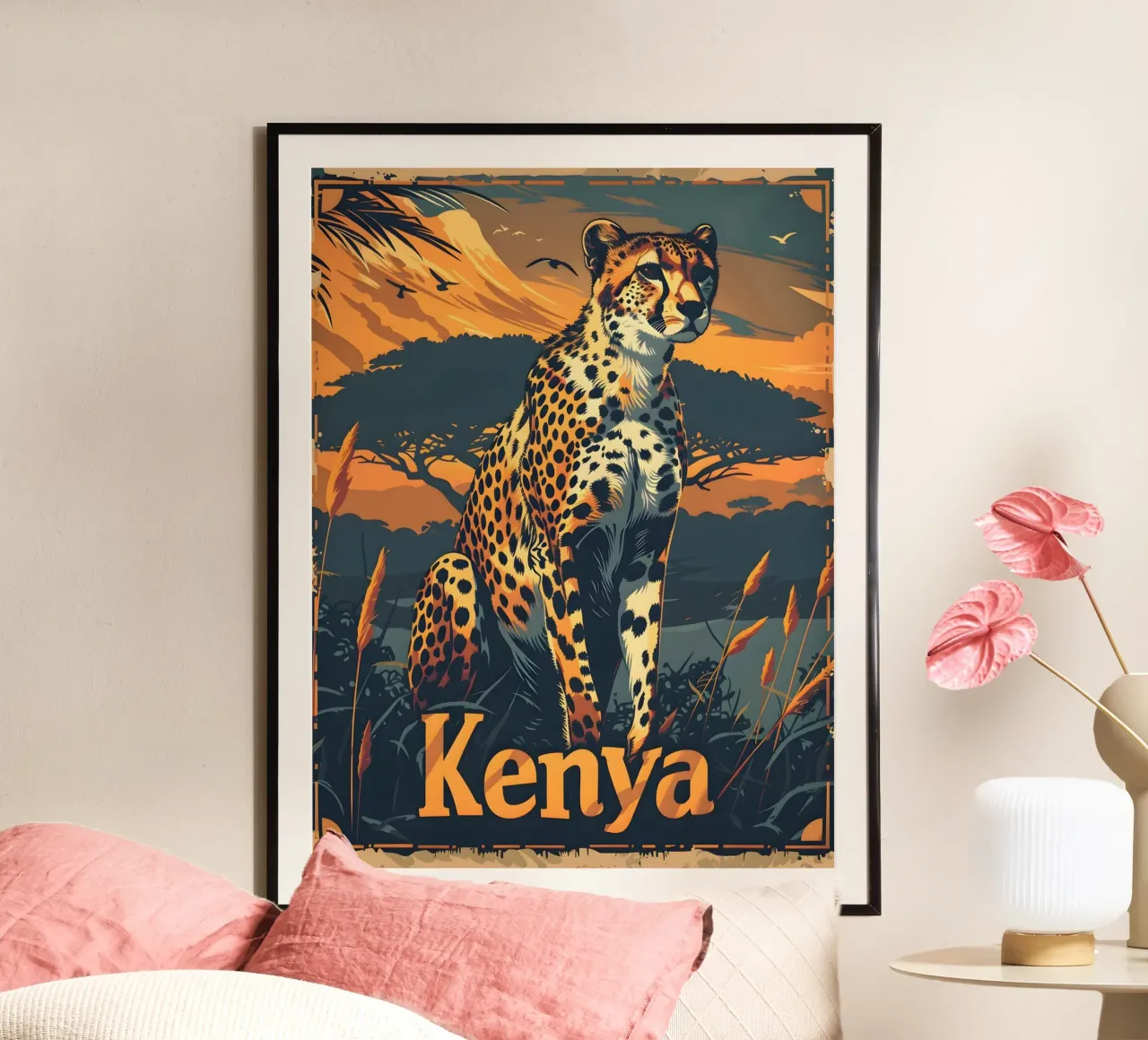 Kenya Ghepardo poster con telaio in legno da Vintage Travel Art