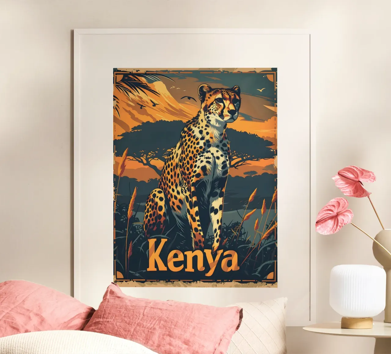 Kenya Ghepardo poster con telaio in legno da Vintage Travel Art