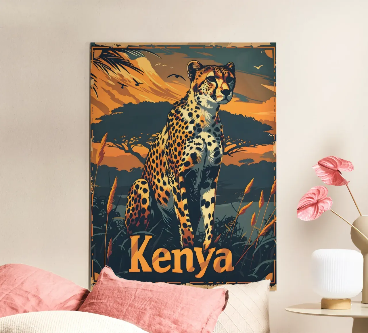 Kenya Ghepardo poster con telaio in legno da Vintage Travel Art