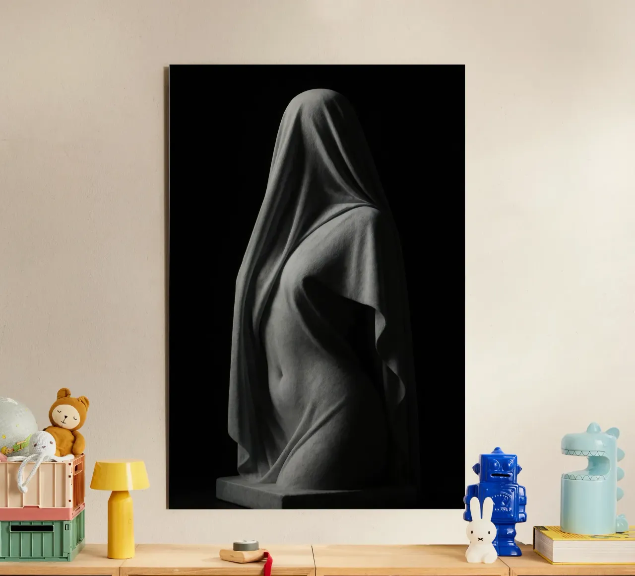 Sculpture draped in light and shadow alu-dibond by Black & White