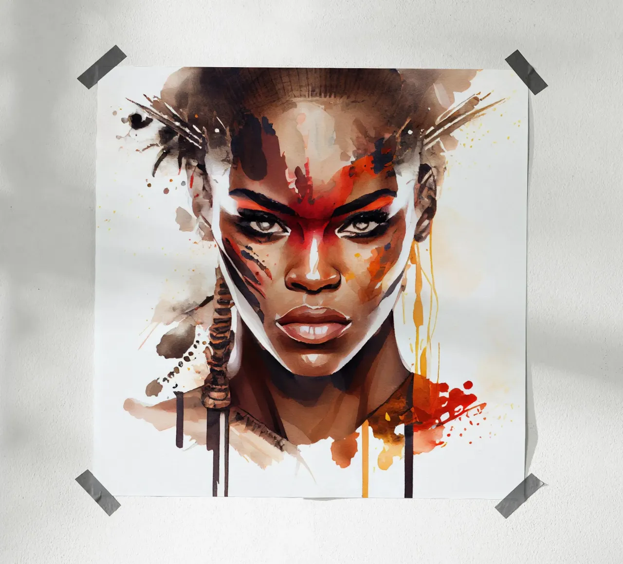 Mujer guerrera africana en acuarela poster con marco de madera de Chromatic Fusion Studio