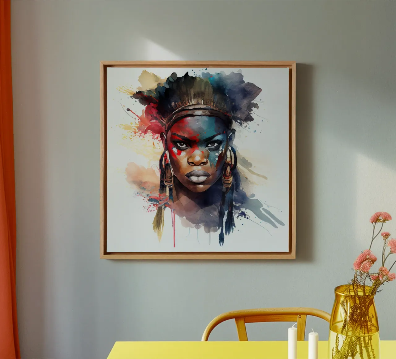 Aquarel Afrikaanse Krijgerin canvas met Baklijst van Chromatic Fusion Studio