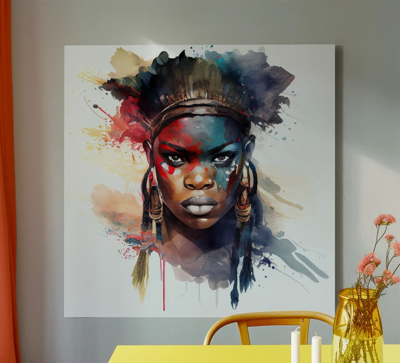 Aquarel Afrikaanse Krijgerin canvas met Baklijst van Chromatic Fusion Studio