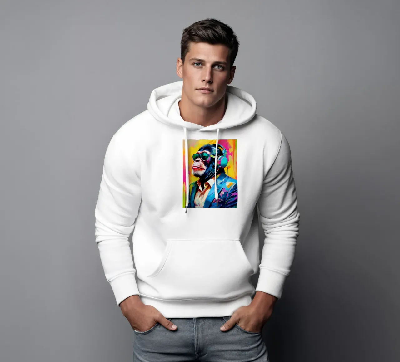 Chimpansee colorato Popart con cuffie felpa con cappuccio da Take Your Art BV