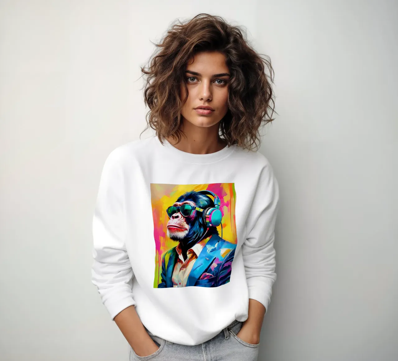 Chimpanzé coloré Popart avec casque d'écoute sweat de Take Your Art BV