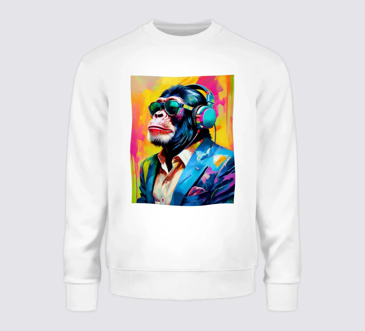 Popart kleurrijke Chimpansee met koptelefoon sweatshirt van Take Your Art BV
