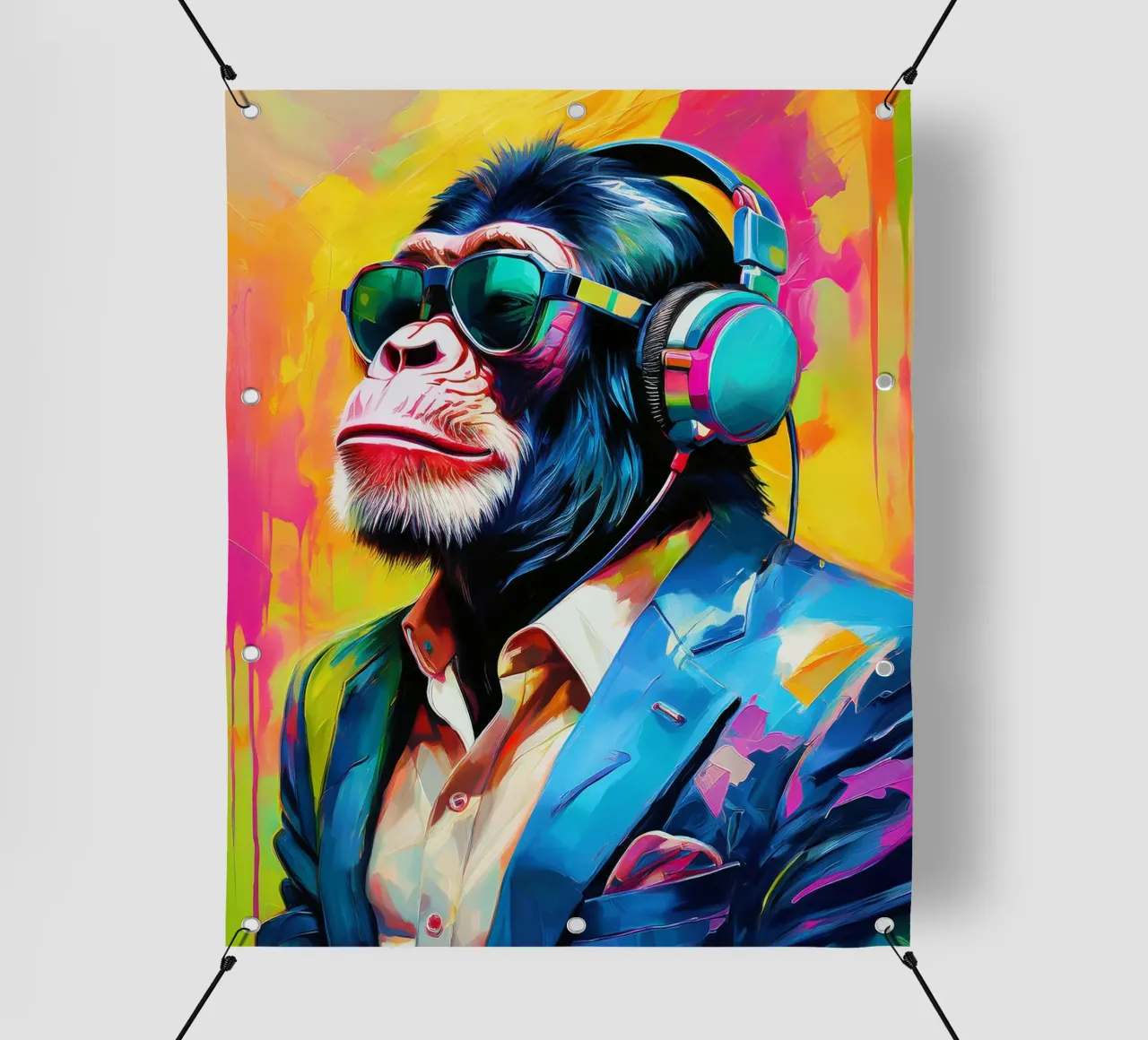 Chimpansee colorato Popart con cuffie telo in pvc da Take Your Art BV
