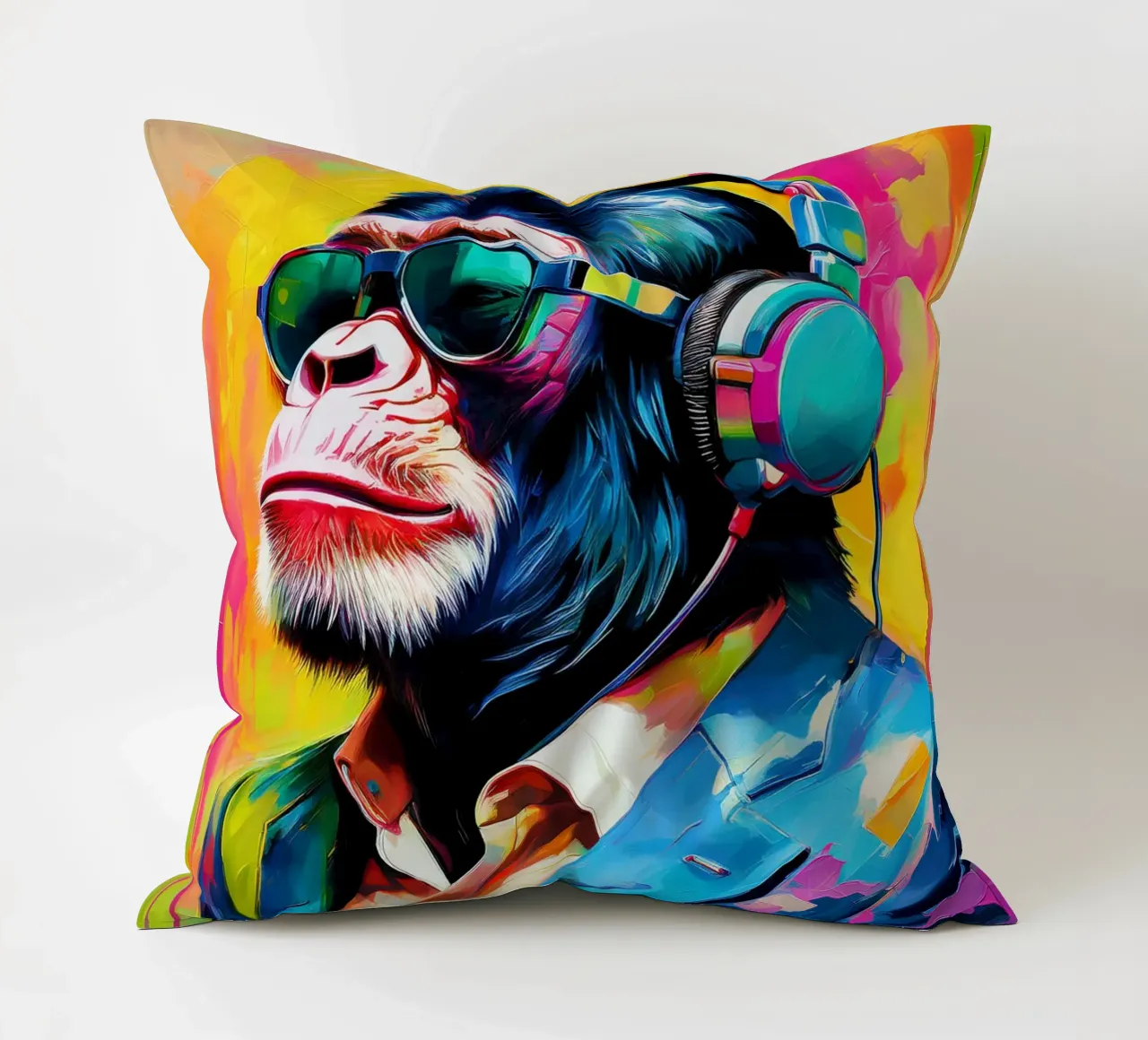 Chimpansee colorato Popart con cuffie cuscino da Take Your Art BV